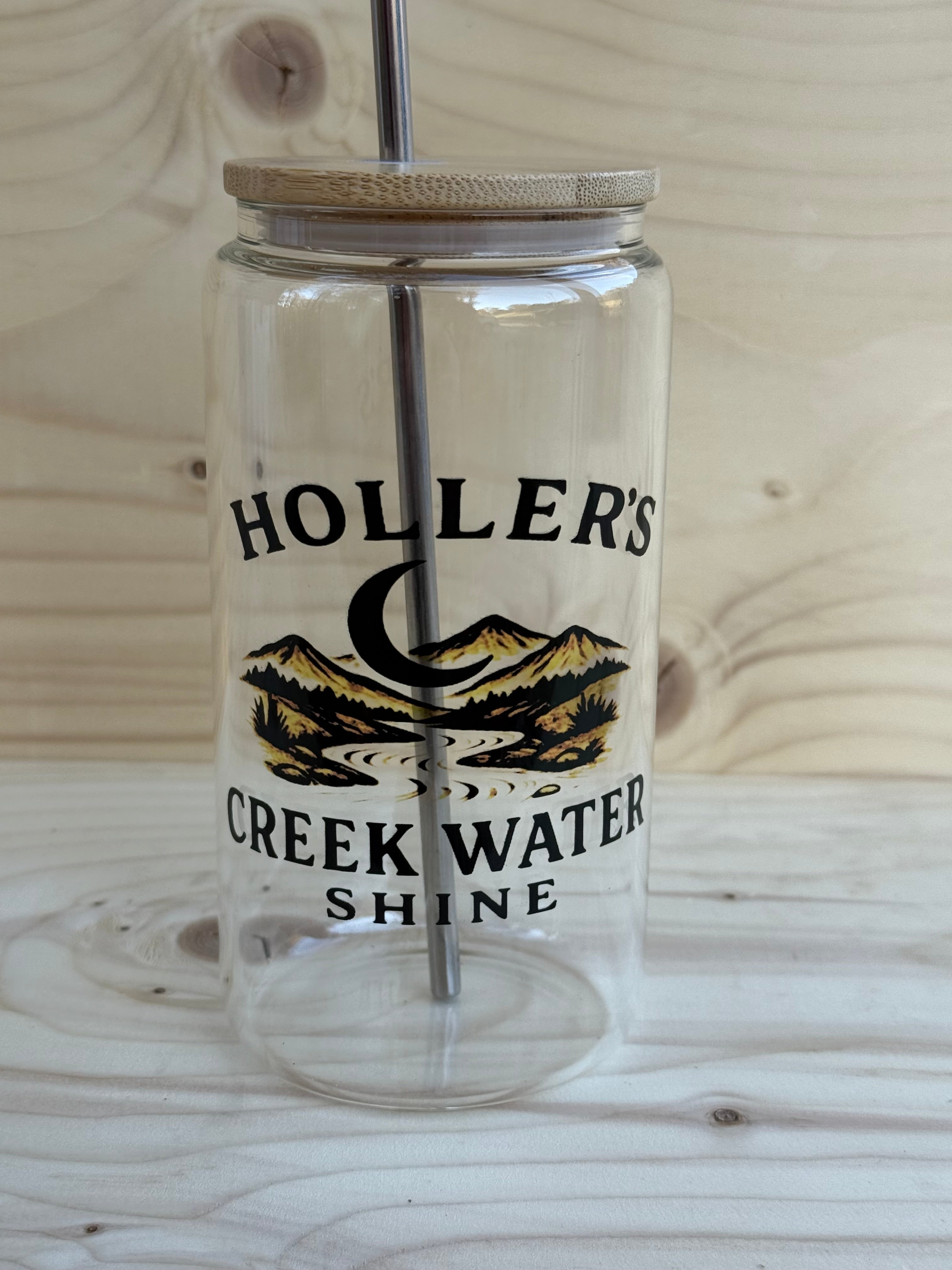 “Holler’s Creek Water Shine” clear glass cup