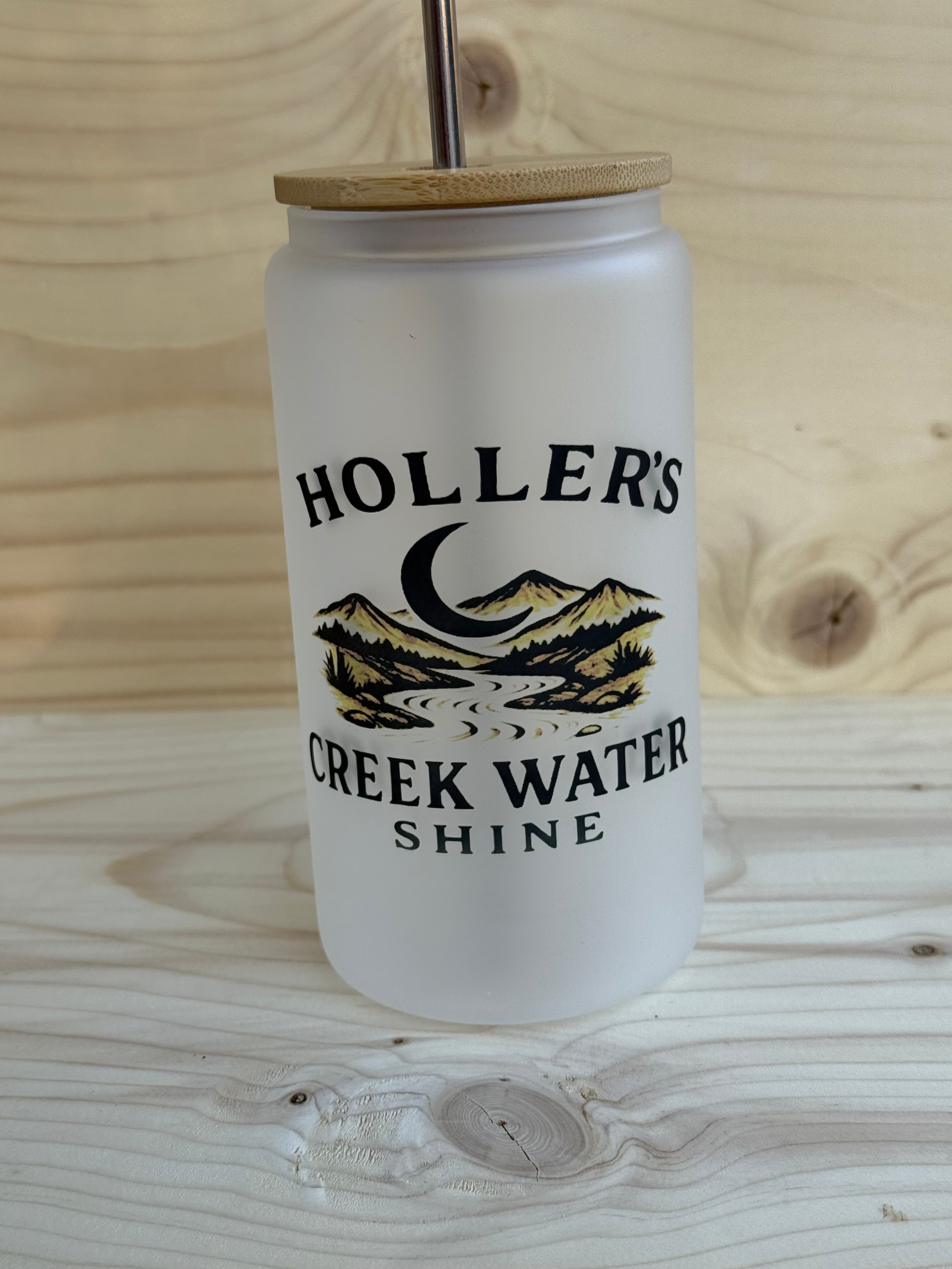 “Holler’s Creek Water Shine” frosted glass cup